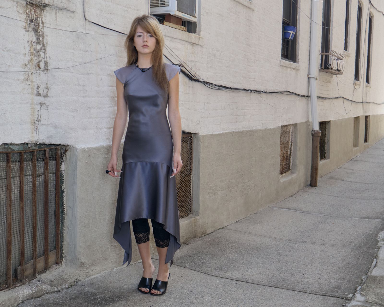 Grey satin dress on the street
